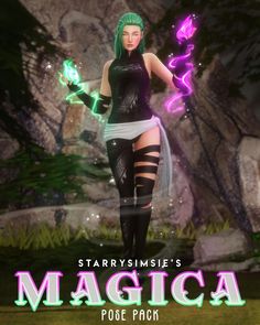 a woman with green hair and black clothes holding a wand in her hand, standing next to some rocks