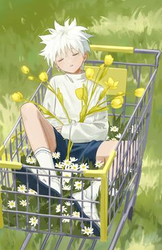 an anime character sitting in a shopping cart with daisies on the grass behind him