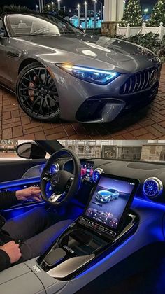 the inside and outside view of a car with blue lights on it's dashboard