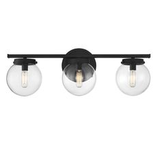 three light black bathroom fixture with clear globes on the front and back lights,