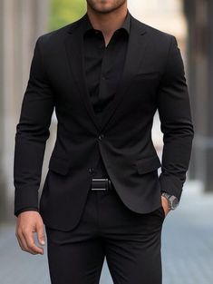 Mens Black Suits Wedding, Husband Suits Wedding, Black Mens Wedding Suits, Groom Outfit All Black, Groom Black On Black Suit, Men’s Black Suit Ideas, Black On Black Tux, Groom Outfit Black, All Black Suit Men