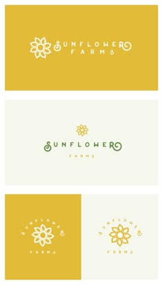 the sunflower farm logo is shown in three different colors and font styles, including yellow