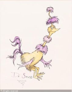 a drawing of a bird with purple feathers on it's head and tail, standing in front of a white background