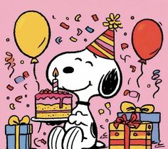 a cartoon dog holding a birthday cake and balloons