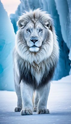 a white lion standing in front of an ice cave