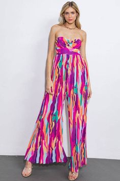 A printed woven jumpsuit featuring strapless twisted bodice with center cut out, pleated pant and smocked back bodice Details: Self : 100% One Thing At A Time, Pleated Pant, Resort Dresses, Strapless Jumpsuit, Stunning Outfits, Dress Satin, Pleated Pants, Trending Dresses, Wedding Party Dresses