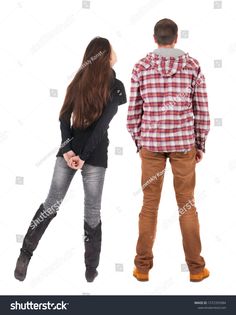 young man and woman standing back to back