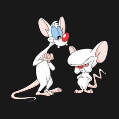 two cartoon mouses standing next to each other on a black background, one with red eyes