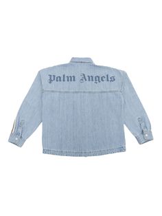 Palm Angels boys shirt in denim cotton blend with classic collar, contrasting white web stripes on the shoulders, tone-on-tone logo printed on the back.Composition: 100% COTTON DETAIL 100% POLYESTER Cotton Logo Outerwear For Streetwear, Cotton Outerwear With Logo For Streetwear, Collared Cotton Shirt With Logo Print, Cotton Collared Shirt With Logo Print, Collared Cotton Shirt With Logo, Collared Tops With Embroidered Logo For Streetwear, Casual Cotton Outerwear With Logo, Classic Denim Shirt For Streetwear, Collared Denim Tops For Streetwear