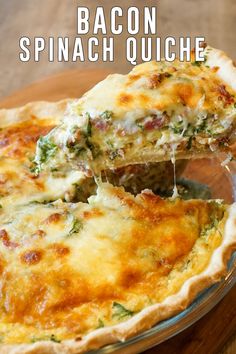 Bacon spinach quiche with a slice taken out of it. Kiesh Recipes, Breakfast Quiche Recipes Easy, Bacon Spinach Quiche, Spinach Quiche Recipes, Fancy Brunch, Homemade Pie Crust, Bacon Quiche