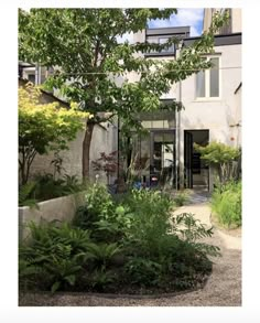 the entrance to an apartment building surrounded by trees and plants