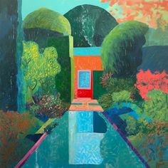 a painting of a red door in the middle of a garden