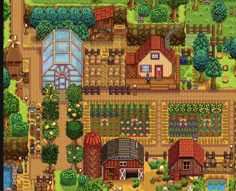 an aerial view of a farm with lots of plants and animals in the yard area