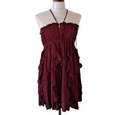 Lulus Maroon / Burgundy Spaghetti Strap Rushed Ruffle Mini Dress - Nwt Size: Women's Large Material: 100% Viscose / Rayon Condition: New With Partial Tag G100000182/953/15oz Tags: Deep Cherry Burgundy Red Party Dress Boho Adjustable Cross Straps Ruffled Loose Fit Relaxed Fit Lagenlook Slip Dress Open Back Keyhole Tie Summer Dress Burgundy Skater Dress, Black Mini Dress Party, Satin Ruffle Dress, White Corset Dress, Lace Bodycon Midi Dress, Red Party Dress, Knee Length Cocktail Dress, Skort Dress, Crochet Lace Dress