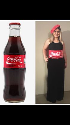 a woman in a red hat and black dress next to a coca - cola bottle