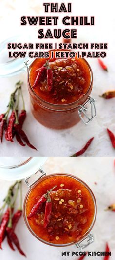 there are two pictures of chili sauce in the same glass jar, and one is red