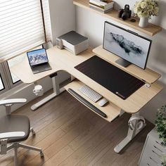 a computer desk with a laptop, keyboard and monitor on it in front of a window