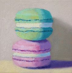 a painting of three donuts stacked on top of each other in pastel colors