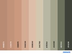 the color scheme for an interior paint swatch in shades of green, brown and beige