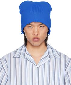 Knit virgin wool beanie in blue. · Mohair-blend jacquard logo at face · Distressing at brim Supplier color: Mazarine blue Blue Wool Knitted Beanie, Blue Wool Beanie, Mazarine Blue, Wool Beanie, Apparel Accessories, Accessories Hats, Mens Accessories, Wool, Outfit Accessories