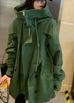 Green Cotton Outerwear With Zipper Closure, Casual Outerwear With Asymmetrical Zip And Pockets, Green Raincoat, Oversized Turtleneck, Maxi Coat, Outwear Jackets, Fall Coat, Green Coat, Character Outfits