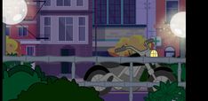 a cartoon motorcycle is parked in front of a building at night with street lights on