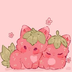 two pink cats sitting next to each other on top of a pink background with flowers