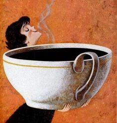 a painting of a woman drinking out of a cup with steam coming out of it