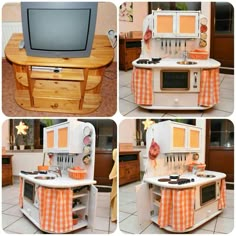 four pictures of an old fashioned kitchen with orange and white decor on the stove top