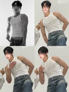 four different shots of a young man in white shirt and jeans with his hands on his hips