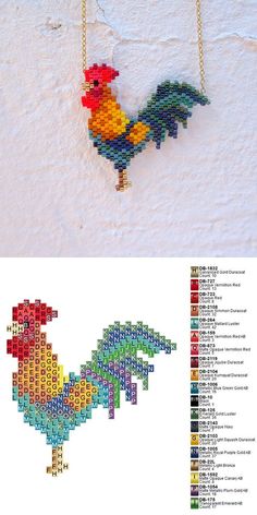 an image of a cross stitch necklace with a rooster on it and the words chicken written in different colors