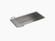 a stainless steel sink with an overflowing drain in the center and bottom shelf