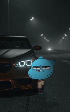 a cartoon character is standing next to a car in the dark with its headlight on