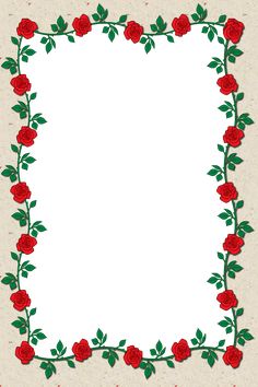 a white paper with red roses on it and green leaves around the edges, in an ornate frame