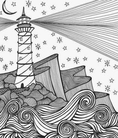 a drawing of a lighthouse in the ocean with waves and stars above it, on a white