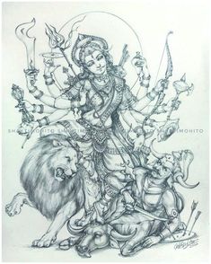 a pencil drawing of deities and their animals