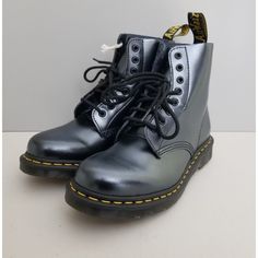 Doc Martens 1460 Pascal Smooth Chroma Silver Metallic Leather (Almost Black) Lace-Up Boots Womens Size 8 Eur 39 Uk 6 New Without Box The Original Dr. Martens 8-Eye Boot Updated In A Smooth Leather, Featuring Their Iconic Rubber Air-Cushioned Sole And Yellow Stitching. Grooved Sides Goodyear Welt Design, Upper And Sole Are Sewn Together Slip Resistant S123 Thank You Doc Martens 1460, Black Lace Up Boots, Metal Lace, Doc Martens, Goodyear Welt, Metallic Leather, Lace Up Boots, Smooth Leather, Black Lace