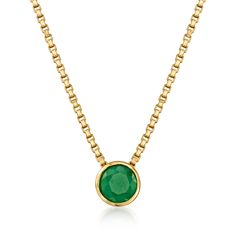 Ross-Simons - .50 Carat Emerald Necklace in 18kt Gold Over Sterling. 18". Simple and stylish, our understated necklace features a .50 carat round emerald in a sleek bezel setting of polished 18kt yellow gold over sterling silver. Box chain adjusts from 18" to choker length. Springring clasp, emerald necklace. Emerald birthstones are the perfect gift for May birthdays. May Birthdays, Necklace Emerald, Emerald Birthstone, Fine Jewelery, Emerald Color, Emerald Necklace, Silver Box, Emerald Stone, Fine Jewellery Necklace