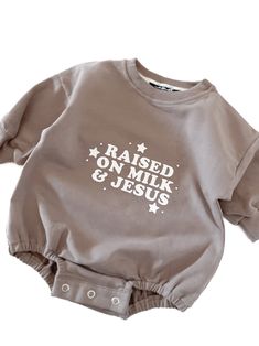 Raised On Milk & Jesus Bubble Jumpsuit – AmorClothingCo. Muted Brown, Easy Dressing, Bubble Romper, Hanging Dryer, Simple Dresses, Cotton Spandex, Inside Out, Organic Cotton, Milk