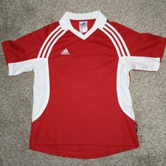 Brand New Without Tags Vintage 2000 Adidas Climalite Soccer Shirt With Collar Red With White Woman's Size Small Adidas Red Sporty Top, Red Adidas Sporty Top, Sporty Red Adidas Top, Adidas University Red Short Sleeve Top, Adidas Tops In University Red With Short Sleeves, Adidas Red Short Sleeve Top, Adidas Red Sports Top, Shirt With Collar, Soccer Shirt