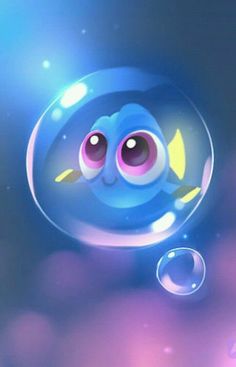 an animated blue fish with big eyes floating in the air next to water droplets and bubbles