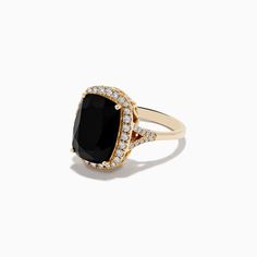 Effy 14K Yellow Gold Onyx and Diamond Ring Elegant Black Diamond Ring In 14k Gold, Classic Black Jewelry With Center Stone, Timeless Black Jewelry With Center Stone, Timeless Black Rings With Polished Finish, Black Diamond Ring With Halo Setting For Formal Events, Black Diamond Ring With Halo Setting For Formal Occasions, Formal Black Diamond Ring With Halo Setting, Luxury Black Oval Rings, Black Jewelry With Halo Setting For Formal Occasions