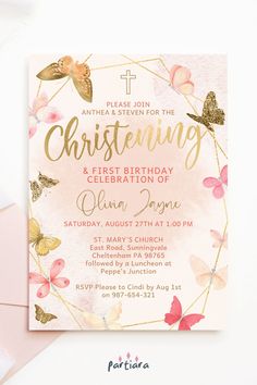 Self-editable 5x7" invite - follow the link for details and free demo! ♦ Easily edit online in your browser then download and print or send digitally ♦ Create a memorable event, starting with this elegant pink gold butterfly invite, perfect for a girl’s christening 1st birthday party ♦ #christeningbirthday #christeninginvites #birthdaychristening #1stbirthday #invitationsgirl #girlschristening #butterflyparty #girlchristening #pinkgoldbutterfly #christeningeditable #digitalinvitation Pink Butterfly Party, Butterfly Invite, Butterfly Party Invitations, Girl Baptism Party, Baptism Invitations Girl, Butterfly Invitations, Christening Ideas, Girl Baptism, Butterfly Party