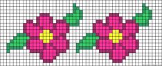 a cross stitch pattern with two pink flowers on the same side and one yellow flower in the middle