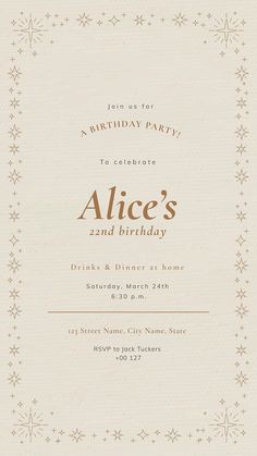 a birthday party card with the words alice's 2nd birthday written in gold on it