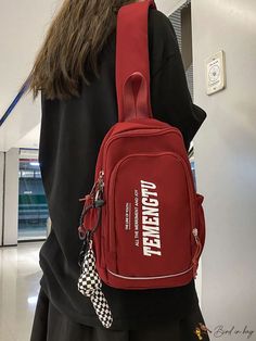 BirdinBag - Printed Red Letter Chest Bag: A Versatile Must-Have Red Portable Bag For Daily Use, Red Rectangular Shoulder Bag With Zipper, Red Rectangular Shoulder Bag With Zipper Closure, Red Shoulder Satchel Bag, Red Travel Satchel, Casual Red Rectangular Bag, Red Bag For Daily Use, Red Satchel Shoulder Bag With Mobile Phone Pocket, Red Rectangular Shoulder Bag For Travel