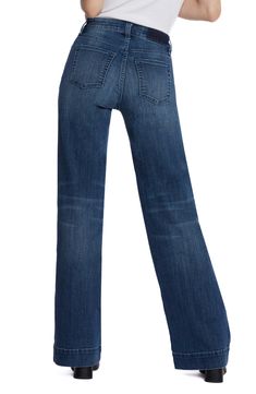 A mix of laid-back and dramatic, these full-length wide-leg jeans are cut from soft stretch denim partially made with sustainably sourced fibers. 32" inseam; 22" leg opening; 9 1/2" front rise Zip fly with button closure Five-pocket style 67% cotton, 27% REPREVE® recycled polyester, 5% rayon, 1% spandex REPREVE recycled polyester is made from 100% post-consumer recycled plastic bottles Machine wash, tumble dry Imported Denim Blue Mid-rise Relaxed Fit Flare Jeans, Blue Relaxed Fit Straight Flare Jeans, Blue Straight Flare Jeans With Relaxed Fit, Blue Relaxed Fit Flare Jeans, Medium Wash Straight Fit Wide Leg Bottoms, Denim Blue Flare Jeans, Denim Blue Straight Fit Flare Jeans, Denim Blue Full Length Flare Jeans With Five Pockets, Medium Wash Relaxed Fit Full Length Flare Jeans