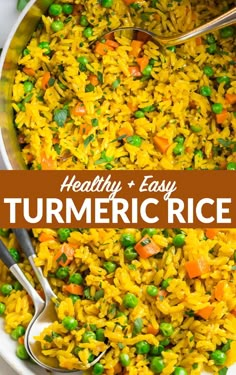 healthy and easy turmeric rice with peas, carrots and peas in a white bowl