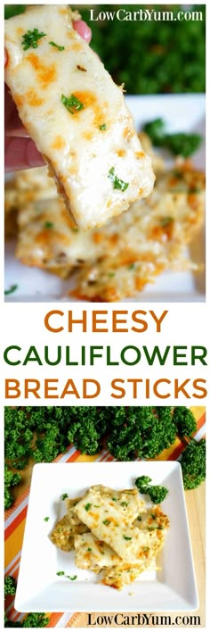 cheesy cauliflower bread sticks with broccoli in the background