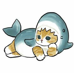 a drawing of a cat laying on top of a whale shaped pillow with its tail curled up